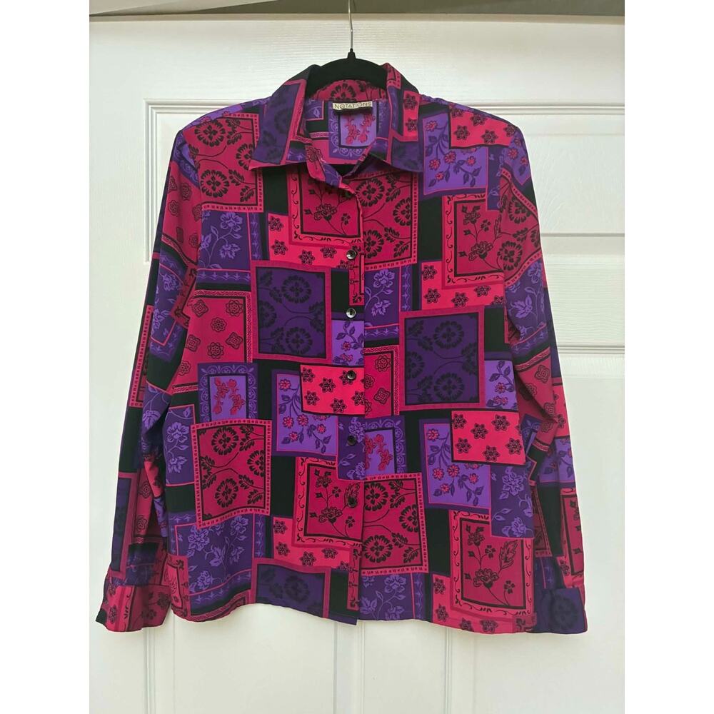 Notations Women Blouse Button Front Pink Purple Patchwork Floral Top‎ Career L